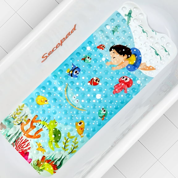 Secopad Baby Bath Mat for Tub for Kids, 40 X 16 Inch Bathtub Mat Non Slip, Cartoon Bath Tub Shower Mat Anti Slip with Drain Holes and Suction Cups Machine Washable