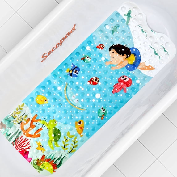 Bath Mat for Tub Non Slip, Machine Washable Anti Slip Cartoon Baby Bathtub Shower Mat with Drain Holes and Suction Cups for Toddler & Kids, 40 Inch x 16 Inch-Rectangular, Swimming Kids