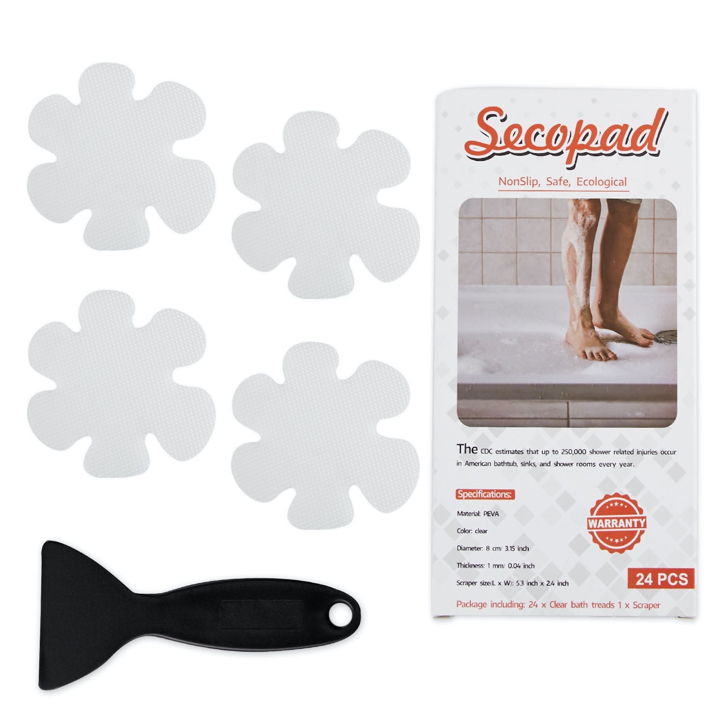 Secopad Bathtub Stickers Anti-Slip, 24 PCS Safety Shower Treads Adhesive Appliques with Premium Scraper