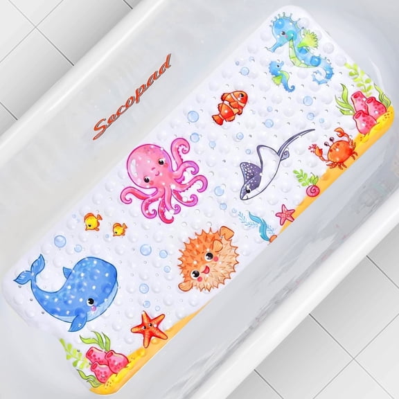 Bath Mat for Tub Non Slip, Machine Washable Anti Slip Cartoon Baby Bathtub Shower Mat with Drain Holes and Suction Cups for Toddler & Kids, 40 Inch x 16 Inch-Rectangular, Pink Octopus (Left Drain)