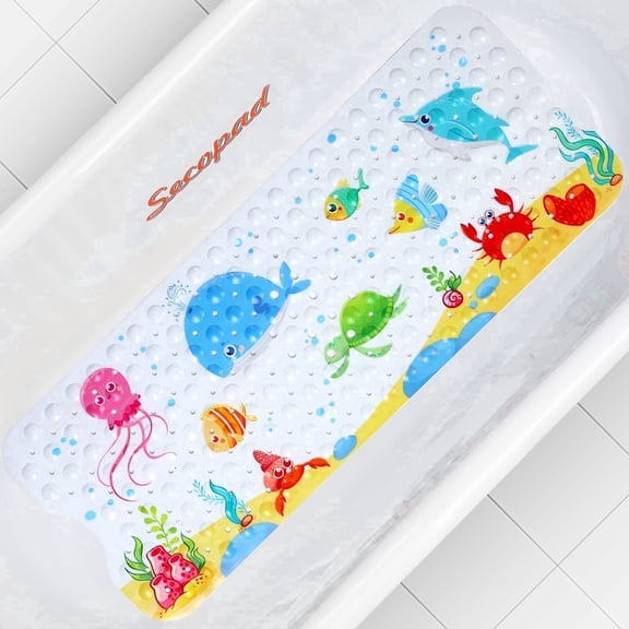 Bath Mat for Tub Non Slip, Machine Washable Anti Slip Cartoon Baby Bathtub Shower Mat with Drain Holes and Suction Cups for Toddler & Kids, 40 Inch x 16 Inch-Rectangular, Little Whale (Left Drain)