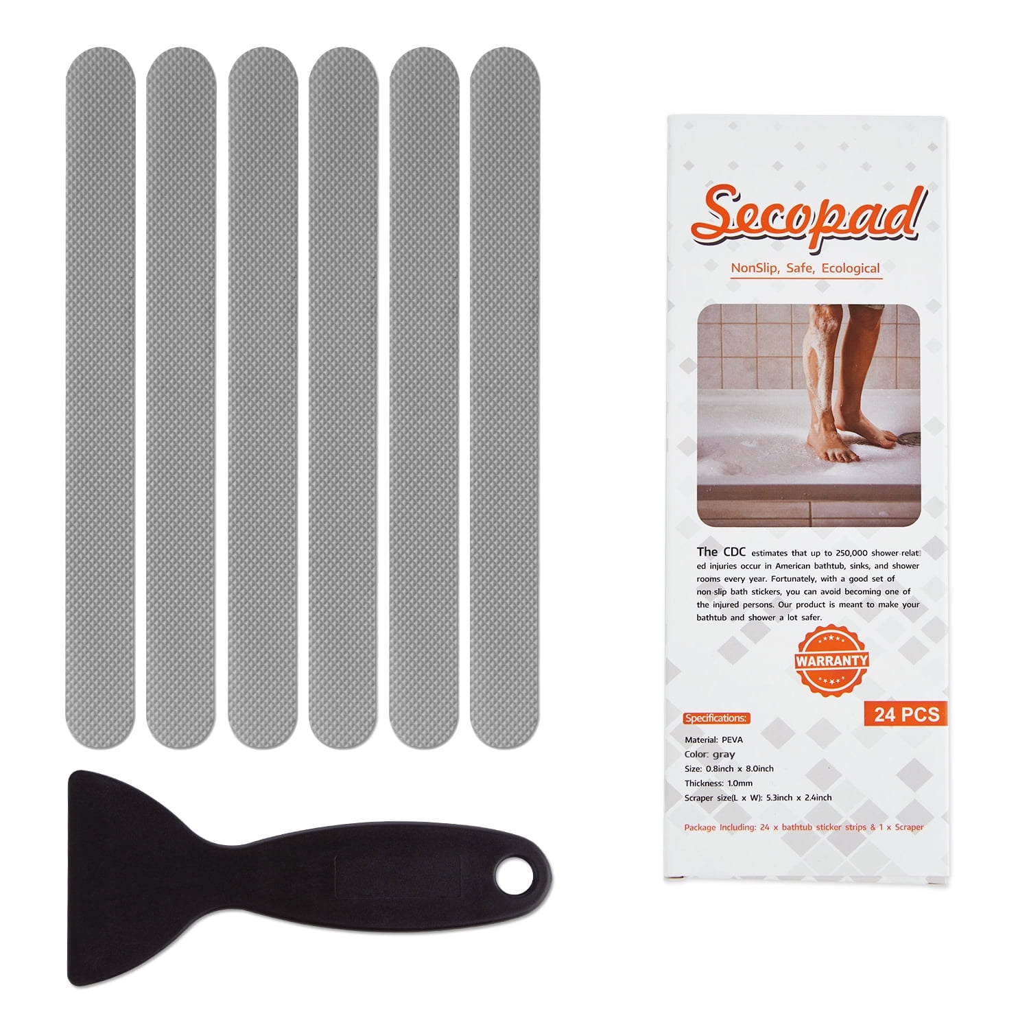 Secopad Non Slip Shower Stickers 24 PCS Anti Slip Safety Bathtub Strips Adhesive Decals with Premium Scraper for Bath Tub Shower Stairs Ladders Boats