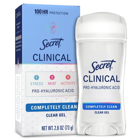 Secret Clinical Antiperspirant Deodorant for Women, 100HR Sweat & Odor Protection, Pro-Hyaluronic Acid, Clear Gel, Completely Clean, 2.6oz