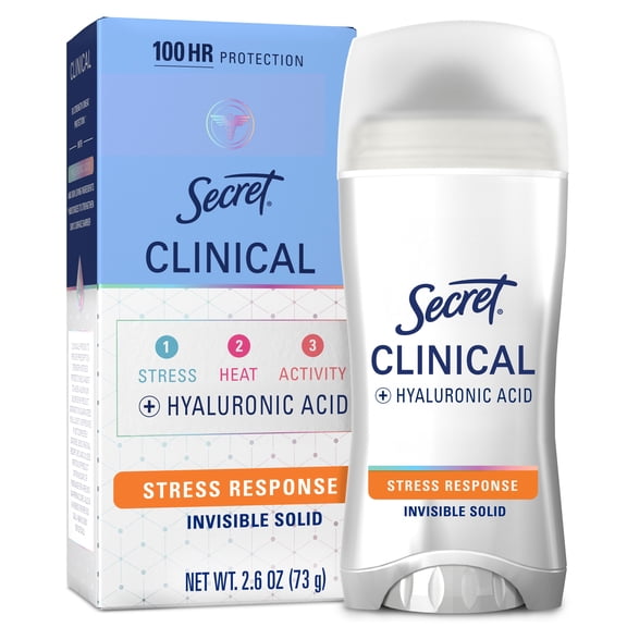 Secret Clinical Antiperspirant Deodorant for Women, 100HR Sweat & Odor Protection, Hyaluronic Acid, Invisible Solid, Stress Response, 1.6 oz