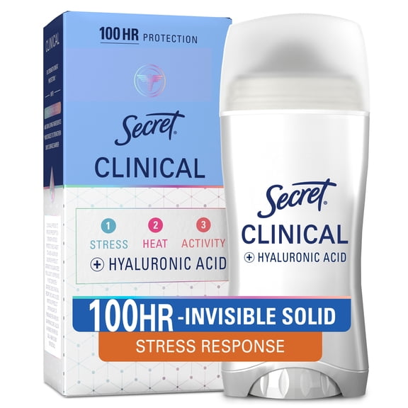 Secret Clinical Antiperspirant Deodorant for Women, 100HR Sweat & Odor Protection, Hyaluronic Acid, Invisible Solid, Stress Response, 1.6 oz