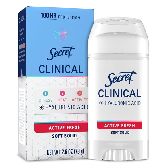 Secret Clinical Antiperspirant Deodorant for Women, 100HR Sweat & Odor Protection, Hyaluronic Acid, Soft Solid, Active Fresh, 2.6 oz