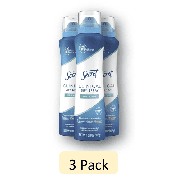 (Pack of 3) Secret Clinical Strength Dry Spray Antiperspirant & Deodorant for Women, Light & Fresh Scent, 3.8oz