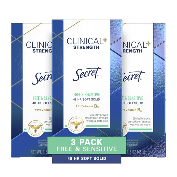 Secret Clinical Strength Invisible Solid Antiperspirant and Deodorant for Women, Free & Sensitive, 1.6 oz, Pack of 3