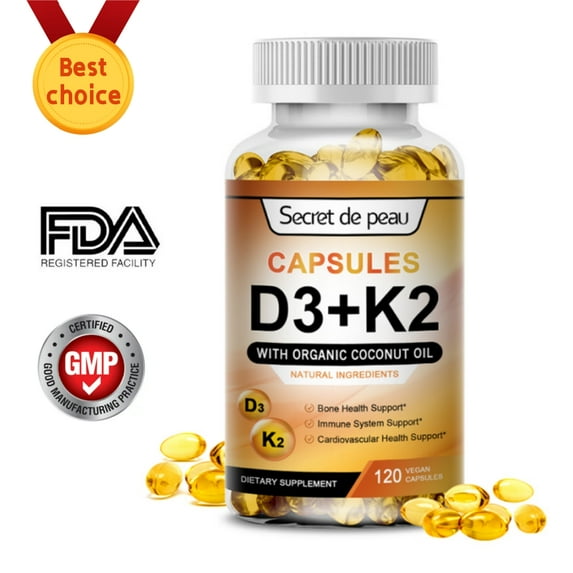 Secret De Peau Vitamins D3+K2 Capsules, boosting Calcium Absorption, Supports Heart & Joint Health, Immune Support (Non GMO, Gluten Free), 120 Pcs