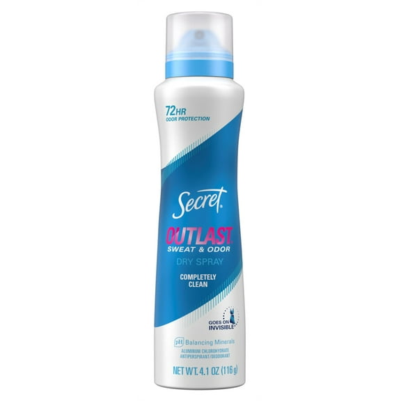 Secret Deodorant Outlast Dry Spray Completely Clean 4.1oz (Pack of 3)