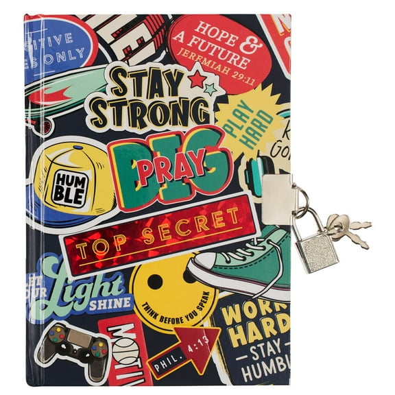 Secret Diary with Lock/Keys, Boys Interactive Christian Blue Journal with Writing Prompts Teen, Tween Be Strong Joshua 1:9 Bible Verse
