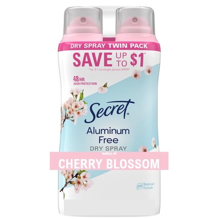 Secret Dry Spray Aluminum Free Deodorant for Women, Cherry Blossom, 4.1oz, Pack of 2