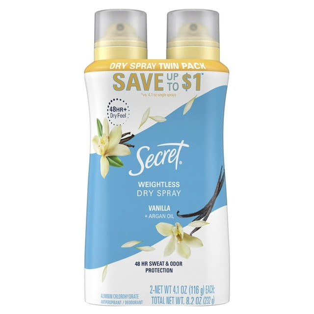 Secret Dry Spray Aluminum Free Deodorant for Women, Vanilla and Argan