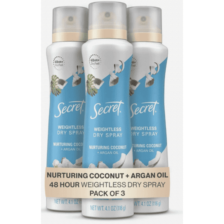 Secret Dry Spray Antiperspirant Deodorant Nurturing Coconut and Argan Oil, 3 PK