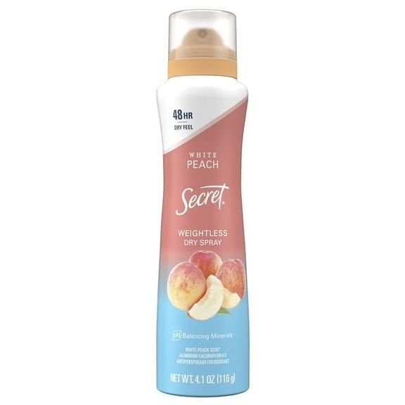 Secret Dry Spray Antiperspirant Deodorant, White Peach and Argan Oil, 4.1oz. (4 Pack)