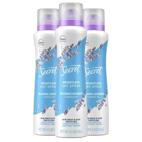Secret Dry Spray Deodorant Antiperspirant for Women, 48hr Weightless Sweat & Odor Protection, Gentle on Skin, Relaxing Lavender & Argan Oil Scent, 4.1 oz Pack of 3