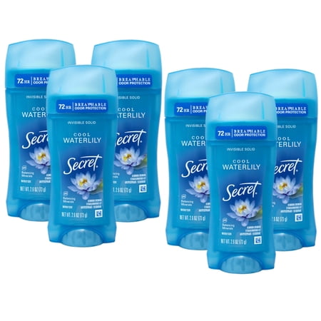6 Pack - Secret Antiperspirant & Deodorant Invisible Solid Cool Waterlily, 72HR Breathable Sweat & Odor Protection, 2.6 OZ