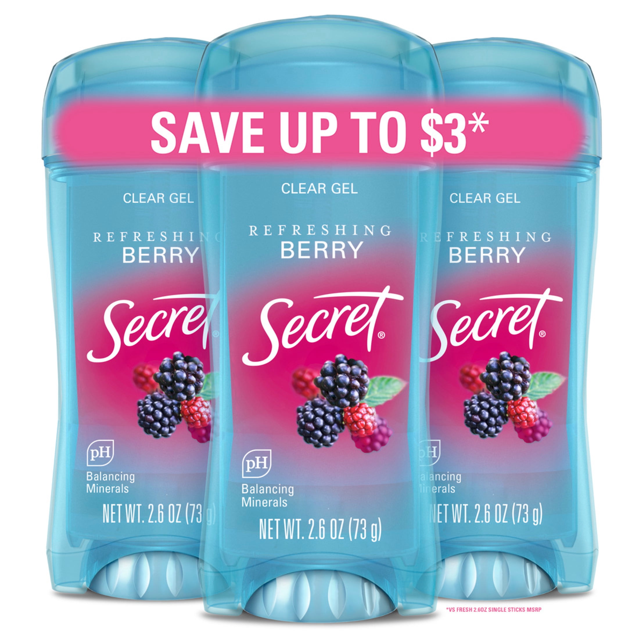 Secret Fresh Clear Gel Antiperspirant and Deodorant, Berry, 3 x 2.6oz