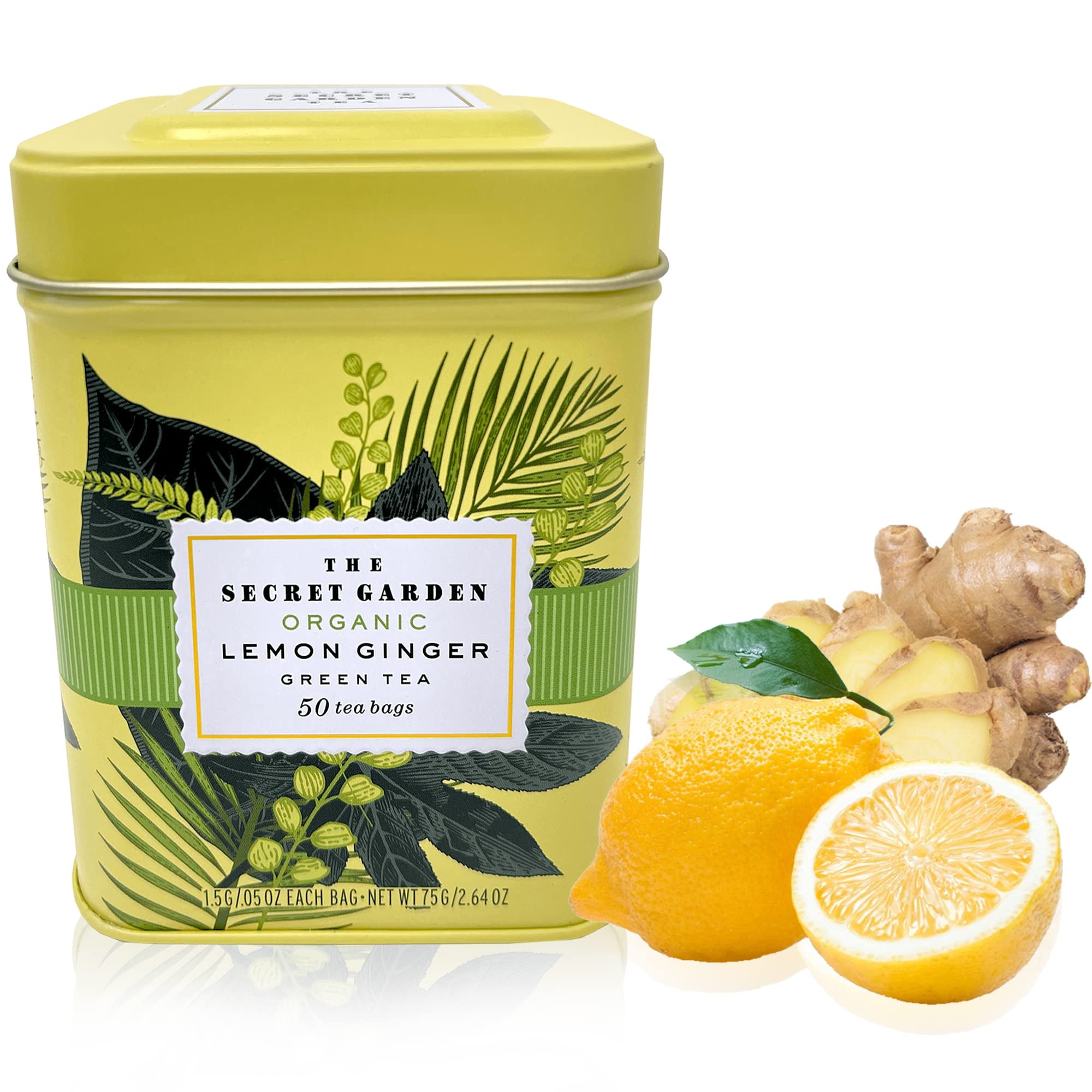 Secret Garden Organic Lemon Ginger Ceylon Green Tea - 50 Packets - Natural Antioxidant Rich Herbal Leaf Teabags - USDA Certified 100% Organic and Non-GMO - Caffeinated