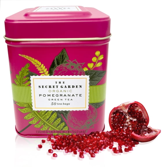 Secret Garden Organic Pomegranate Ceylon Green Tea - 50 Packets - Natural Antioxidant Rich Herbal Leaf Teabags - USDA Certified 100% Organic and Non-GMO - Caffeinated