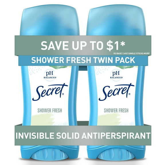 Secret Invisible Solid Antiperspirant Deodorant for Women, Shower Fresh, 2.6 oz Each, 2 Pack