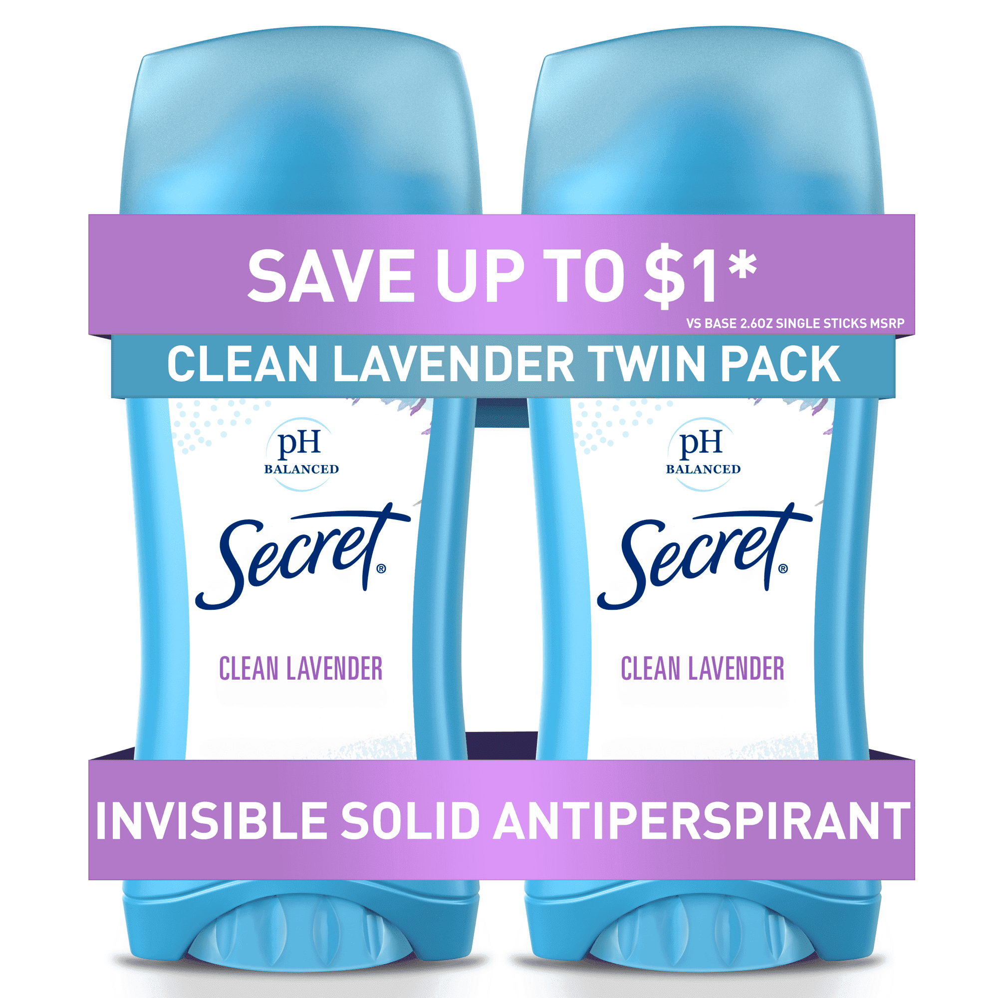 Secret Invisible Solid Antiperspirant and Deodorant, Clean Lavender Scent, (4 Pack of Twin Pack, 2.6 oz)