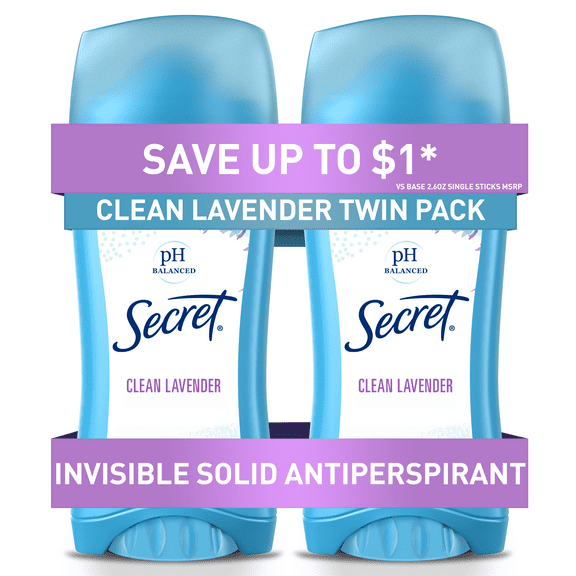 Secret Invisible Solid Antiperspirant and Deodorant, Clean Lavender Scent, Twin Pack, 2.6 oz
