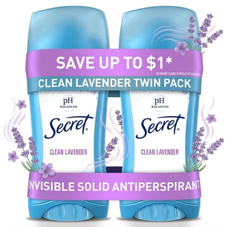 Secret Invisible Solid Antiperspirant Deodorant, Clean Lavender, 2.6 oz, Twin Pack