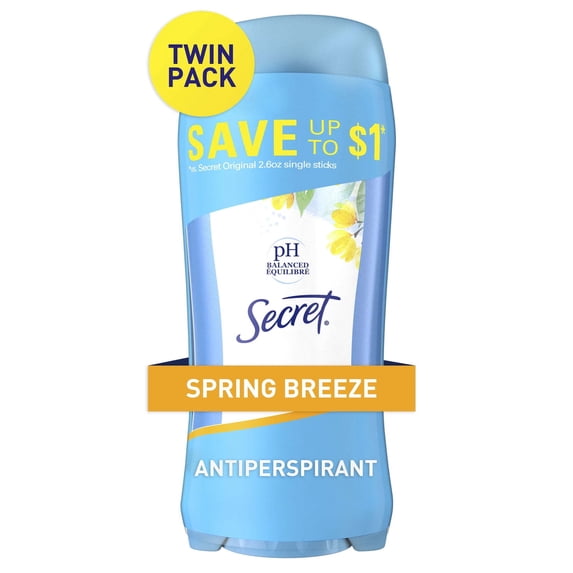 Secret Invisible Solid Antiperspirant and Deodorant, Spring Breeze, 2.6 oz , Twin Pack