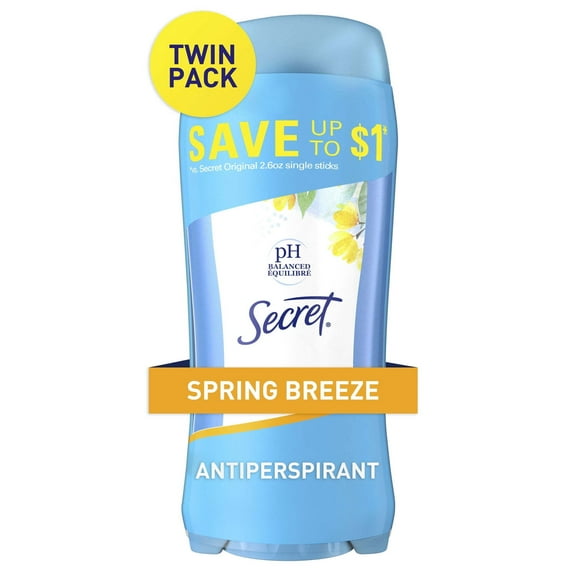 Secret Invisible Solid Antiperspirant and Deodorant, Spring Breeze, 2.6 oz , Twin Pack
