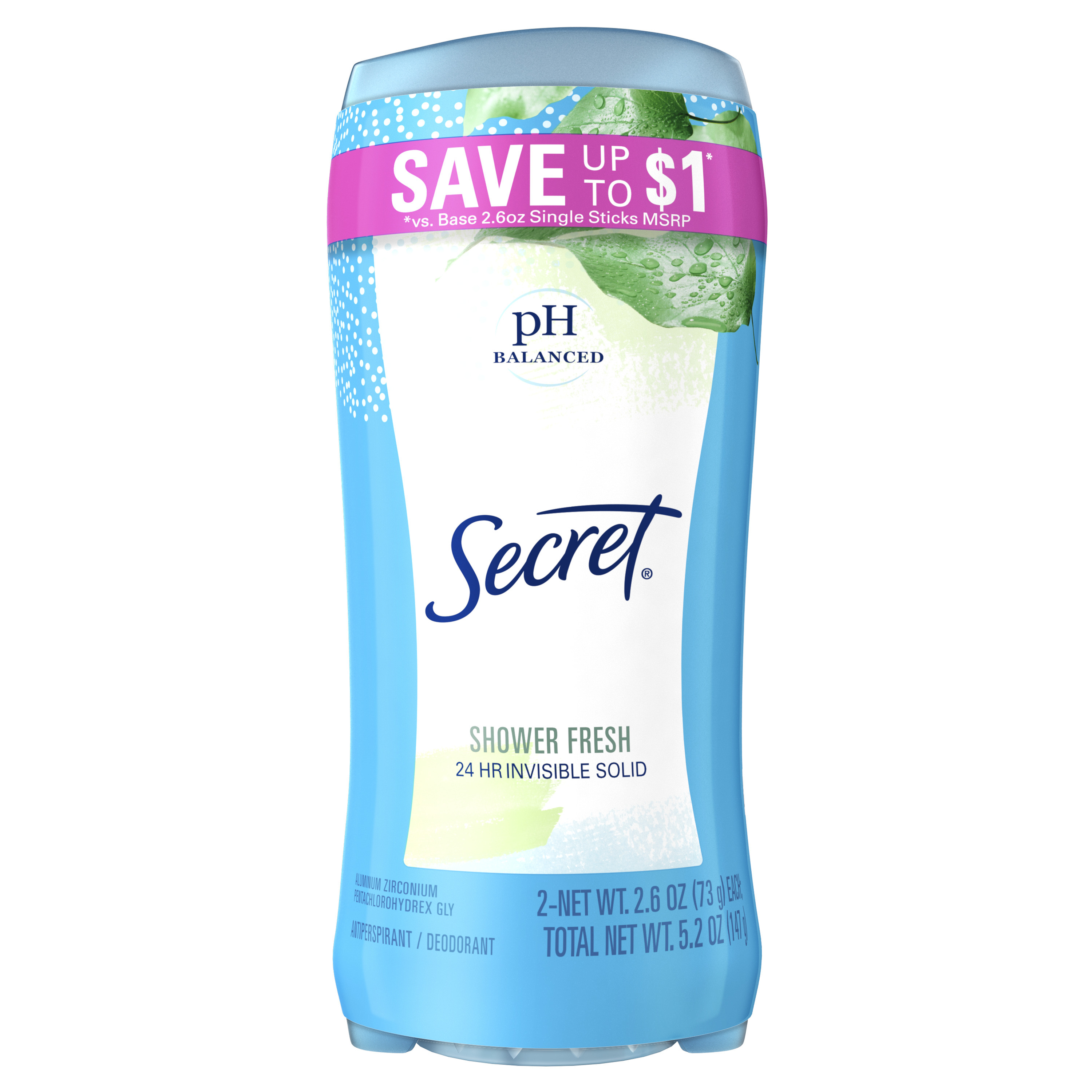 Secret Invisible Solid Antiperspirant and Deodorant for Women, Shower Fresh, Twin Pack, 2.6 oz Each - image 1 of 8