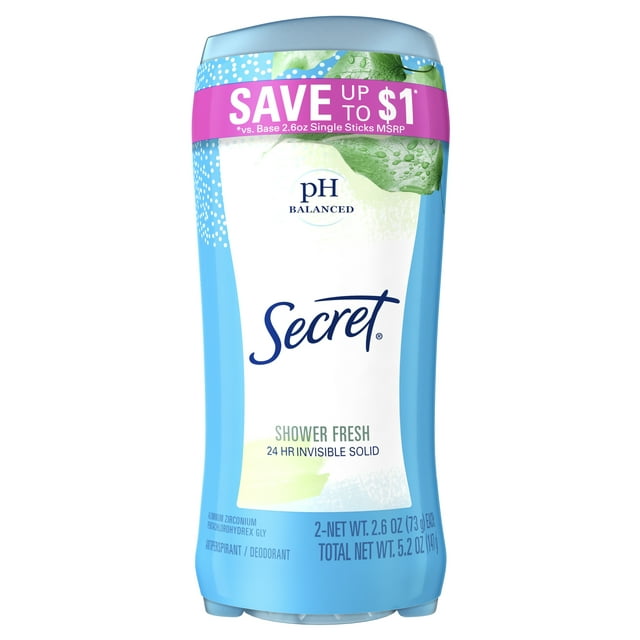 Secret Invisible Solid Antiperspirant and Deodorant for Women, Shower Fresh, Twin Pack, 2.6 oz Each