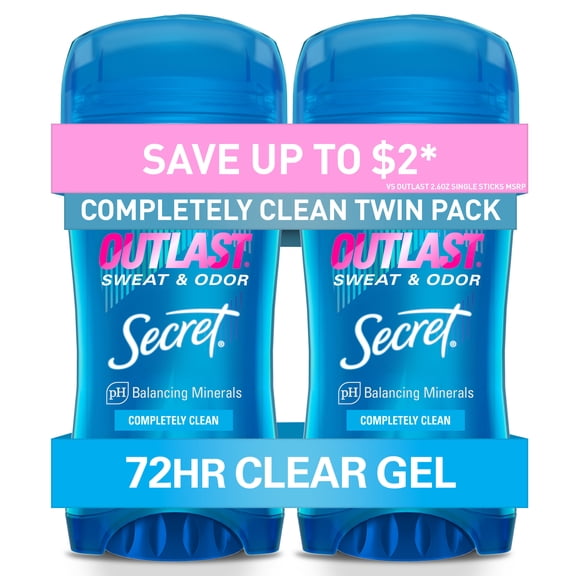 Secret Outlast Clear Gel Antiperspirant Deodorant, Completely Clean, 2.6 oz Each, Twin Pack