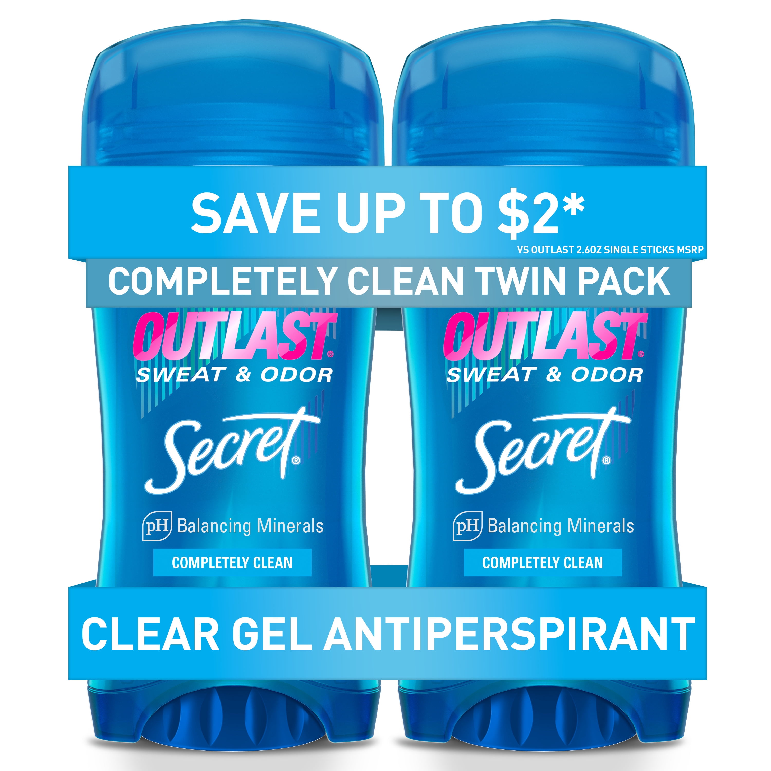 Secret Outlast Clear Gel Antiperspirant Deodorant, Completely Clean, 2.6 oz Each, Twin Pack