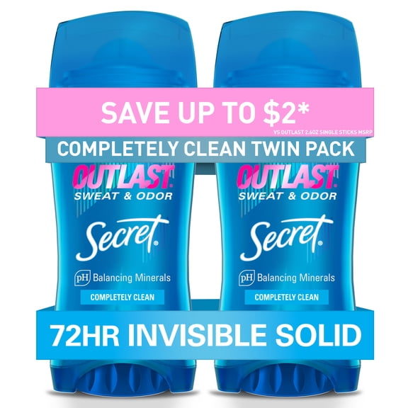 Secret Outlast Antiperspirant Deodorant for Women, Invisible Solid, Completely Clean, 2.6 oz, Twin Pack