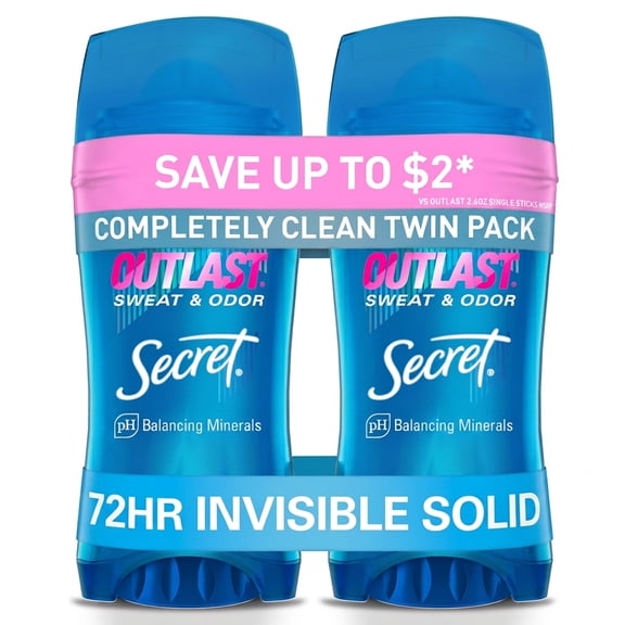 Secret Outlast Antiperspirant Deodorant for Women, Invisible Solid, Completely Clean, 2.6 oz, Twin Pack