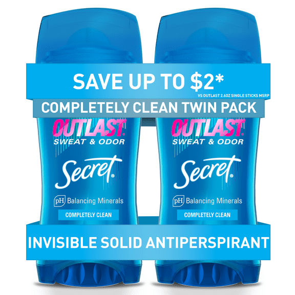 Secret Outlast Invisible Solid Antiperspirant Deodorant, Completely Clean, 2.6 oz Twin Pack