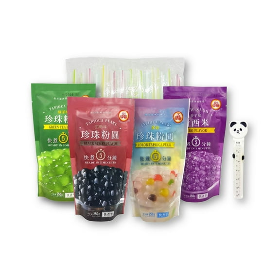 Secret Pantry 4 Varieties WuFuYuan Boba Tapioca Pearls Bundle 8.8 Oz. Each with 1 Pack of 50 Karat Boba Wide Straws and Animal Design Storage Bag Clip