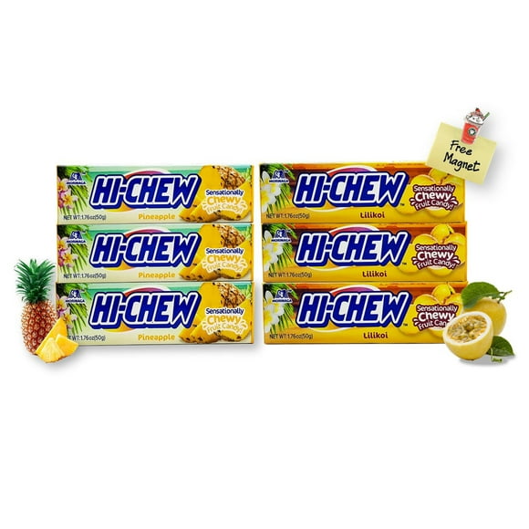 Secret Pantry Hi-Chew Aloha Collection Pineapple & Lillikoi (Passion Fruit) 3 Sticks Each Flavor with 1 Drink Design Magnet 6-Piece Set