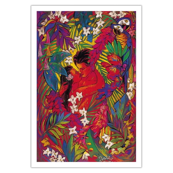 Secret Paradise - Hawaiian Lovers in the Jungle - From an Original Color Painting by Rick Sharp - Fine Art Matte Paper Print (Unframed) 30x44in