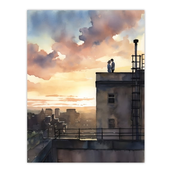 Secret Romance Watercolour Painting Orange Purple Couple On The Roof Watching A City Sunset Bedroom Art Extra Large XL Wall Art Poster Print