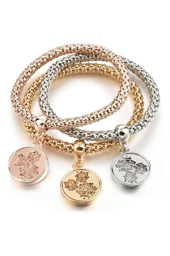 Secret Rose Charm Multi-Strand Wrap Bracelet Set - 3PCS Tri-Tone Rose