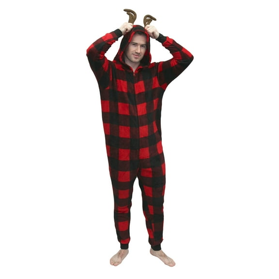Secret Santa Adult Union Suit Buffalo Plaid Pajama Holiday Loungewear, Red, Size: L/XL