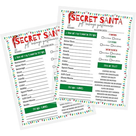 Secret Santa Christmas Questionnaire Sheets Gift Exchange Questions 50 pk Holiday Games for Christmas Party for Office, Family or Friends Gift Giving Ideas Fill Out Info Cards 8.5x11