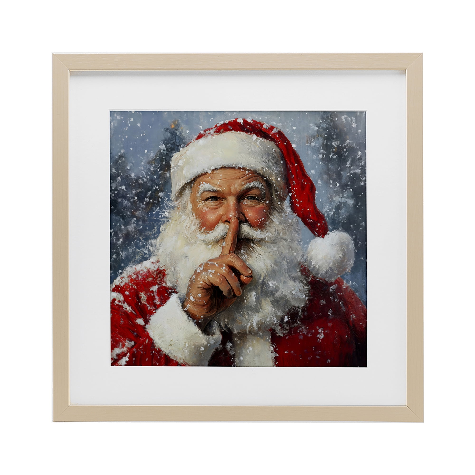 Secret Santa Shh Birch Framed Print Under Glass, design by Petal Prints Design
