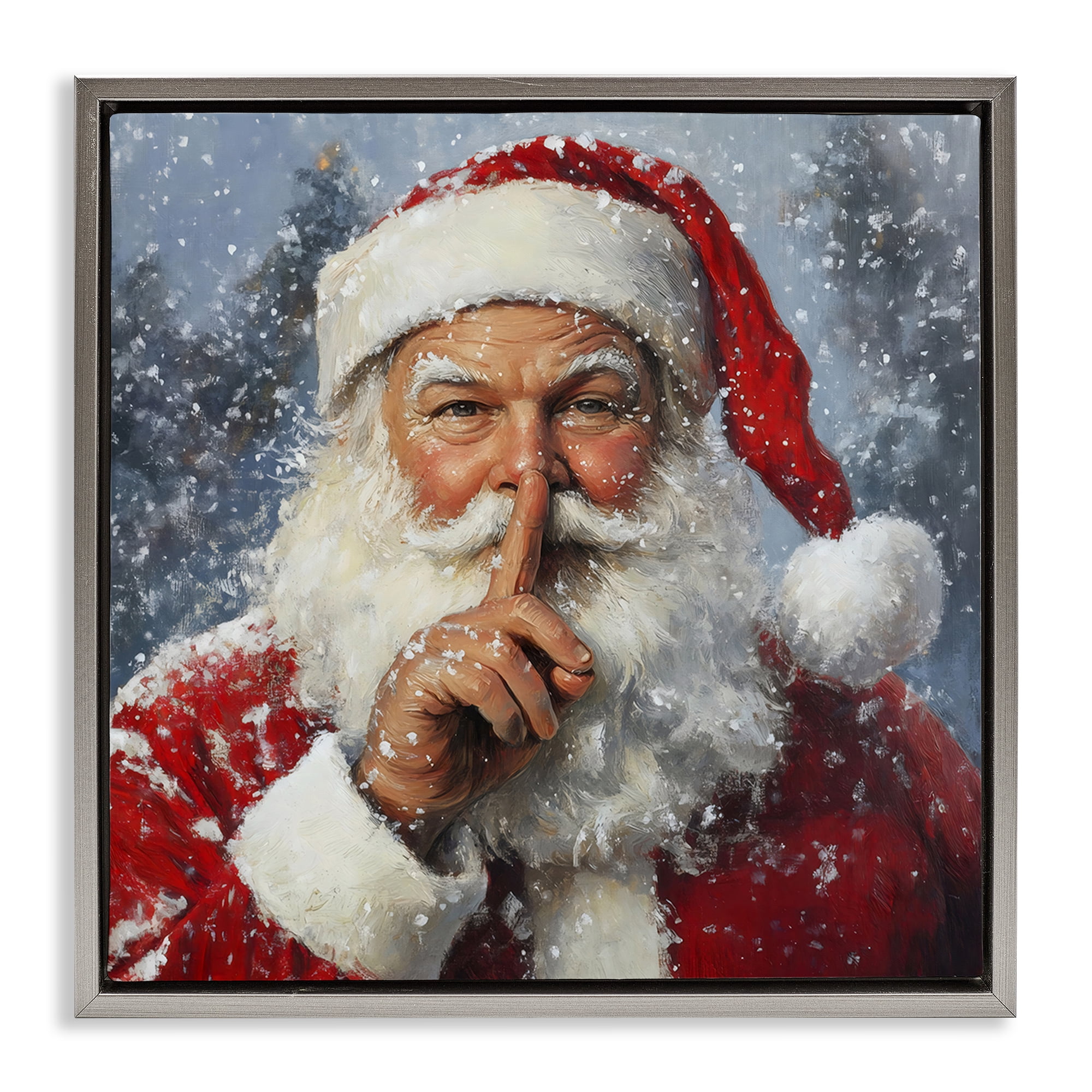 Secret Santa Shh Gray Framed Floater Canvas Wall Art, design by Petal Prints Design
