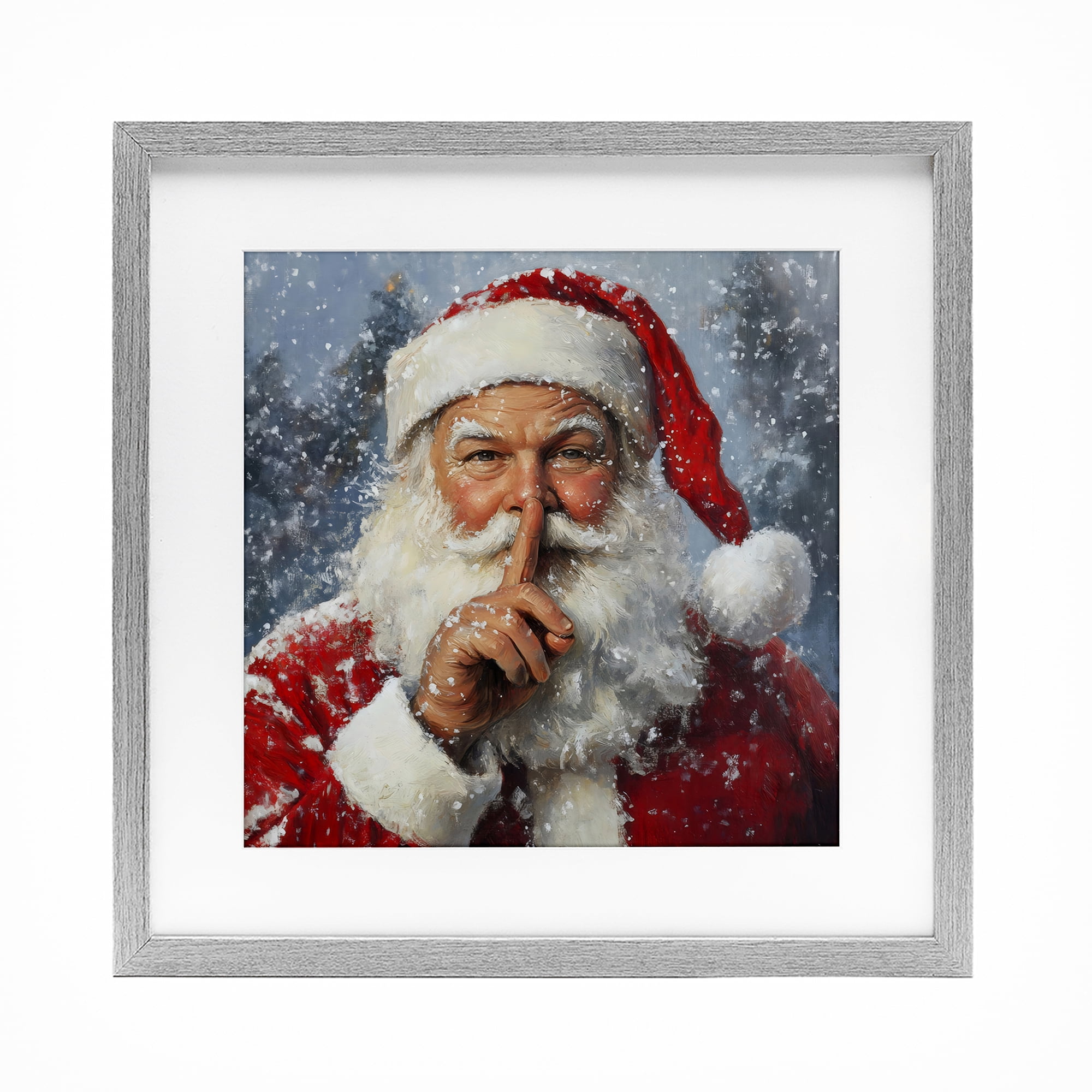 Secret Santa Shh Gray Framed Print Under Glass, design by Petal Prints Design