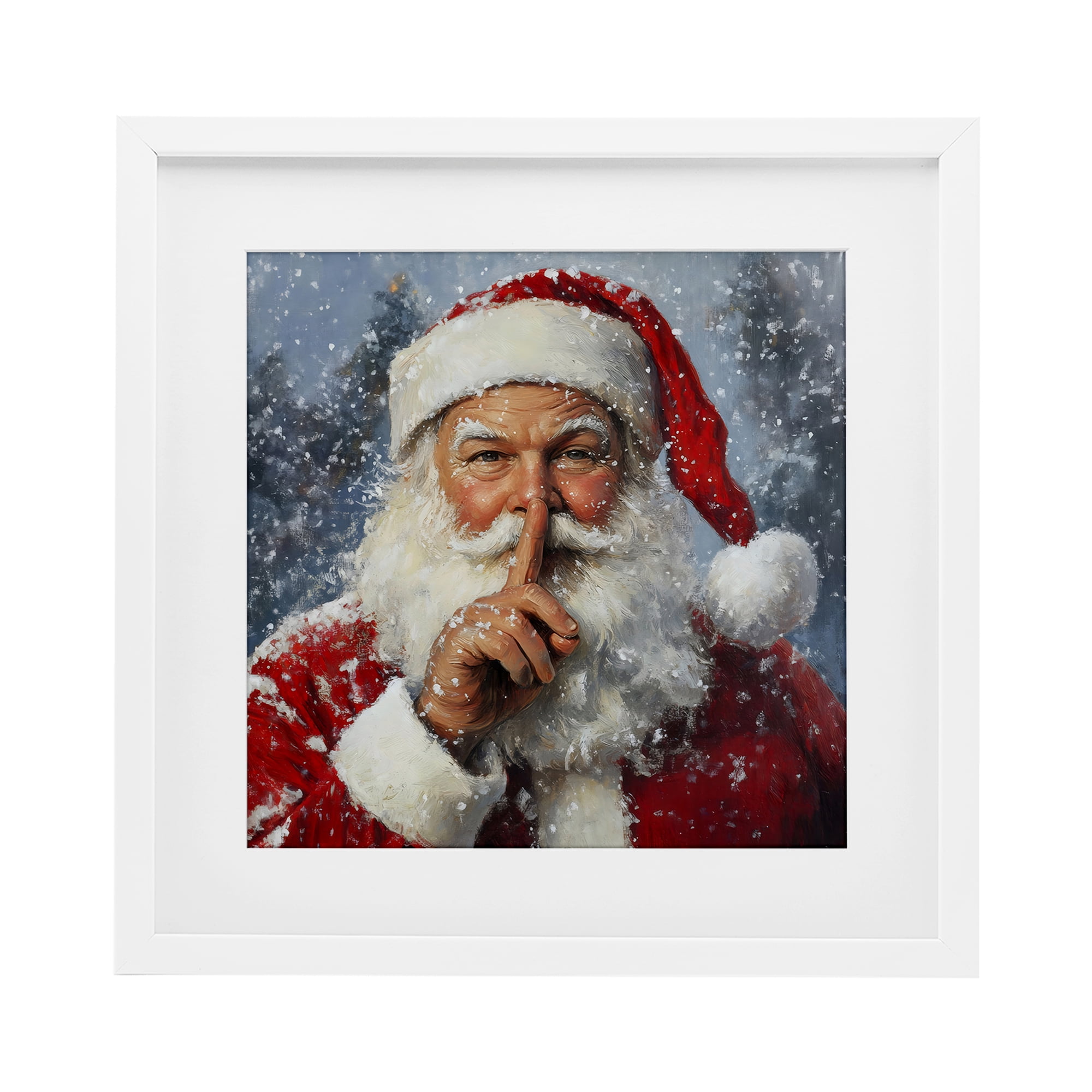 Secret Santa Shh White Framed Print Under Glass, design by Petal Prints Design
