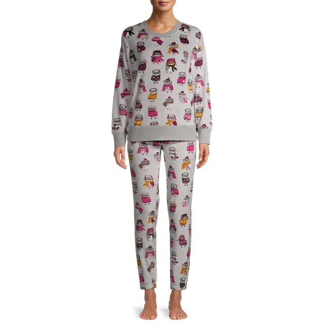 Splendid Ladies' Jogger And Crew Neck Set - Charcoal Heather Leopard Print, Medium, Pull-On Lounge Set