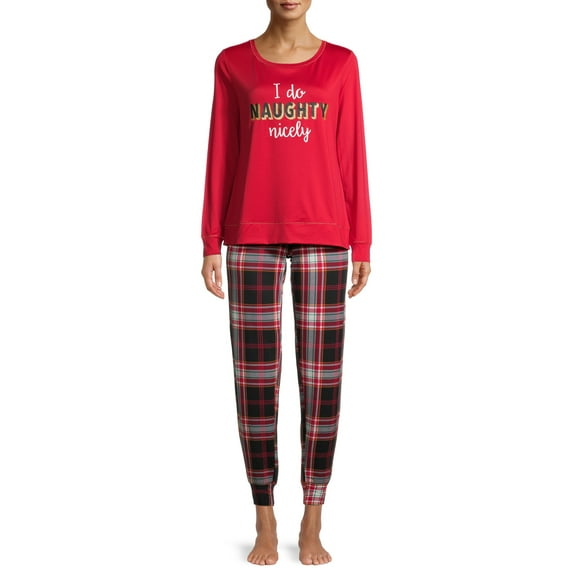 Secret Treasures Long Sleeve Round Neck Graphic Print Plaid Pajamas (Women's or Women's Plus) 2 Piece Set